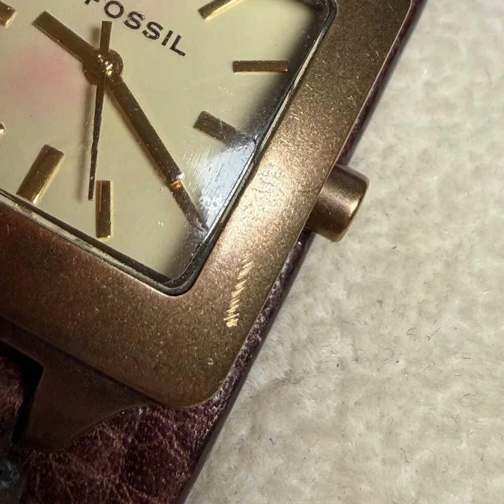 Vintage Fossil JR-8835 Brown Leather Cuff Watch Southwestern Rhinestone AS IS